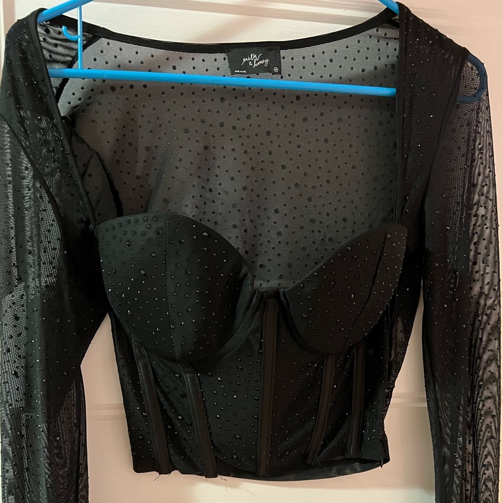 Milk & Honey Black Rhinestone Long Sleeve Sheer Corset Crop Top Size Med